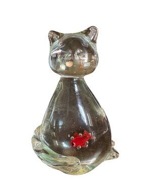 Hand-Blown Glass Cat Figurine With Red Fish & Bubbles Ornament 6.5 Inches Tall
